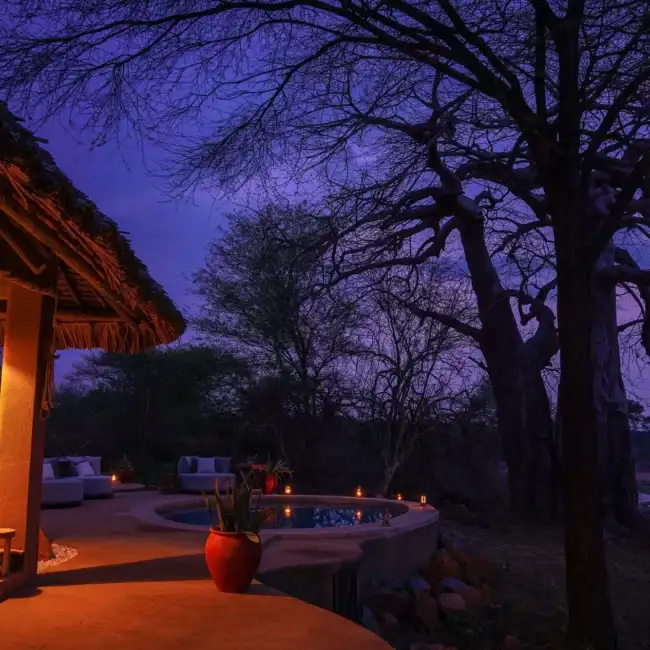 Candlelit plunge pool and thatched lounge terrace at night beneath a baobab, Serengeti, Tanzania
